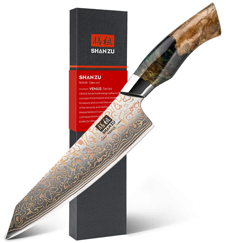SHAN ZU Damascus Kitchen Knife 8 Inch in Copper & Damascus Steel Japanese Chef Knives Hand Forged 33 Layer Damascus High Carbon Utility Knife Professional Sharp Carving Knife with Maple Wood Handle