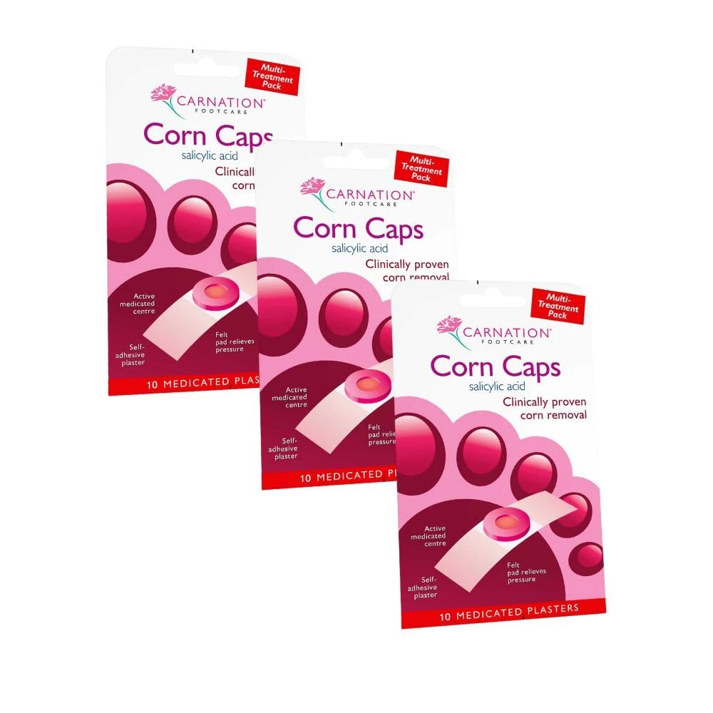 Carnation Footcare Corn Caps x 3 pack, (30 caps in total) all-in-one, Salicylic Acid paste with soft felt corn ring. Relieves pressure and pain. One step application.