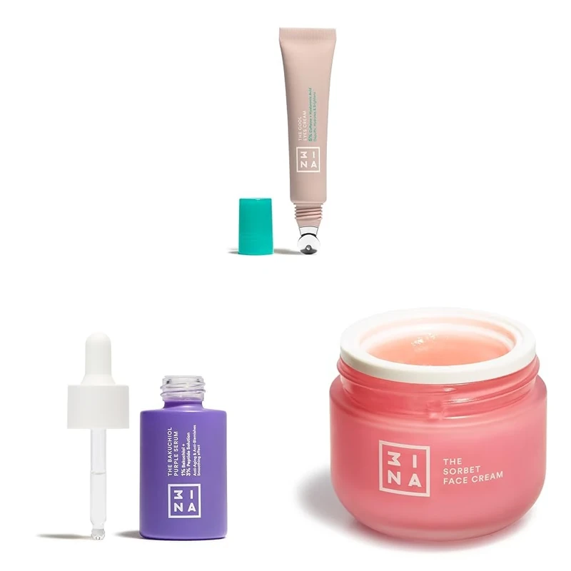 3INA MAKEUP - The Cool Eyes Cream + The Purple Bakuchiol Serum + The Sorbet Face Cream - Eye Cream for Dark circles and Puffy Eyes - Serum for Firm Smooth - Moisturising Cream - Vegan - Cruelty Free