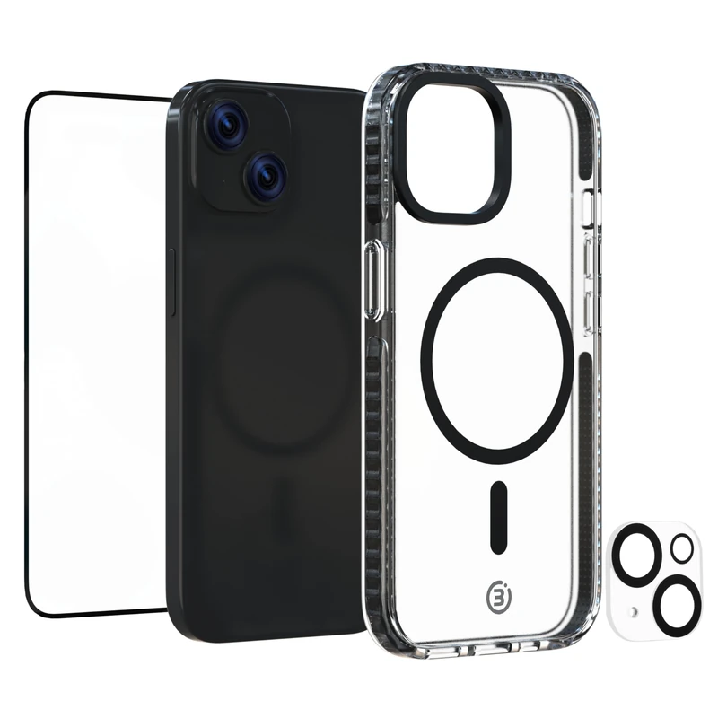 3SixT 65917 iPhone 15 Case Screen Protector & Camera Protection Set/Includes Mobile Phone Case Tempered Glass Camera Protector Shockproof / 3-in-1 Case Set iPhone 15 Magsafe Case transparent
