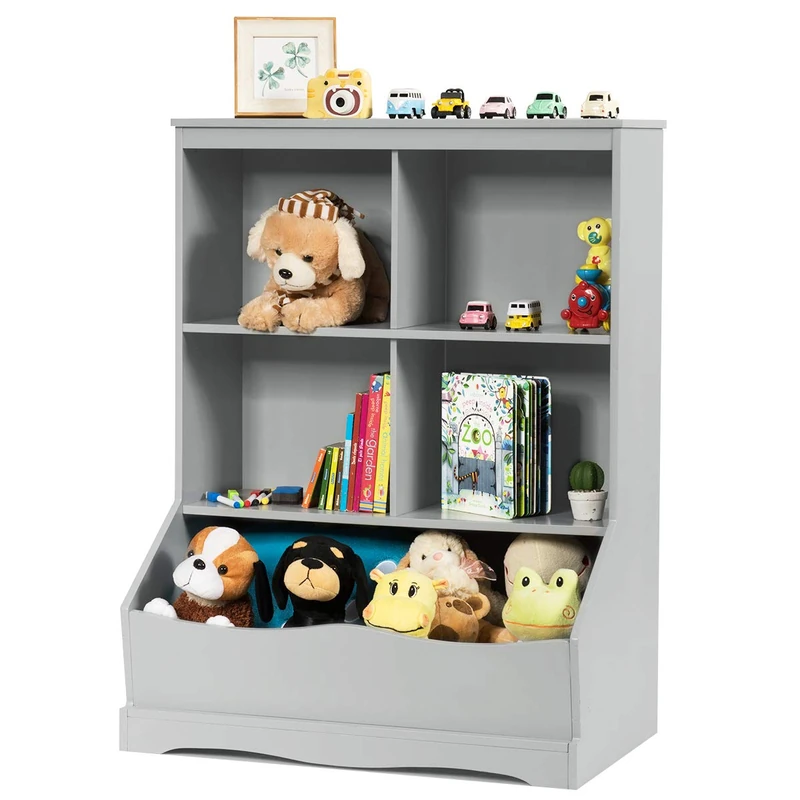 GYMAX Kids Bookshelf and Toy Organizer, Wooden Children Bookcase with Compartments and Shelves, Toys Storage Unit for Living Room Playroom Nursery (Grey, 67x40x88cm)