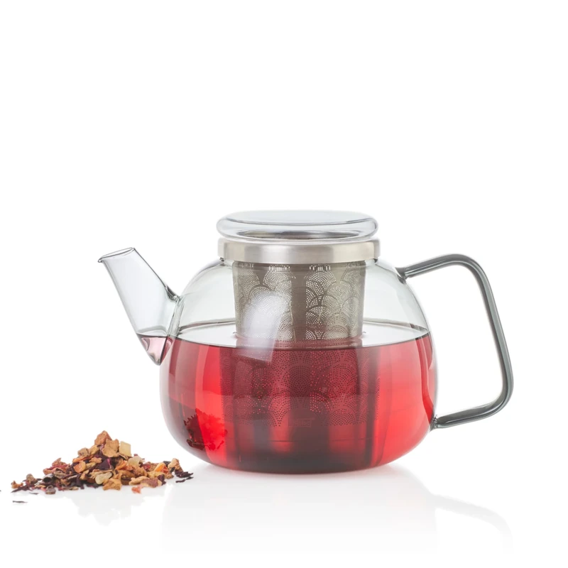 AdHoc Yuna Teapot with Loose Leaf Tea Infuser, Borosillicate Glass Teapot with Removeable Stainless Steel Tea Strainer for Loose Leaf Tea, 1.2 litres, 15cm x 13xm, Grey, Dishwasher Safe