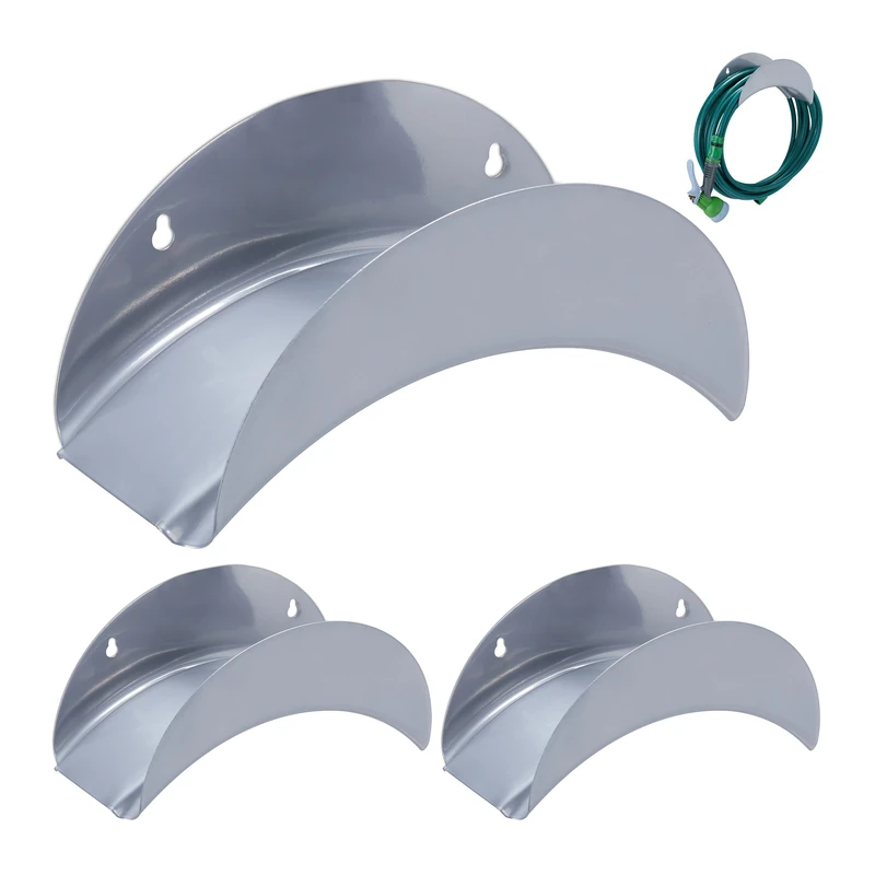 Relaxdays Pipe Holder, 3X Set, Wall Mounted, for 30m 1/2" Long Hoses, Hang on Garden Tap, Outdoor, Iron Metal, Grey, 13 x 28 x 13 cm
