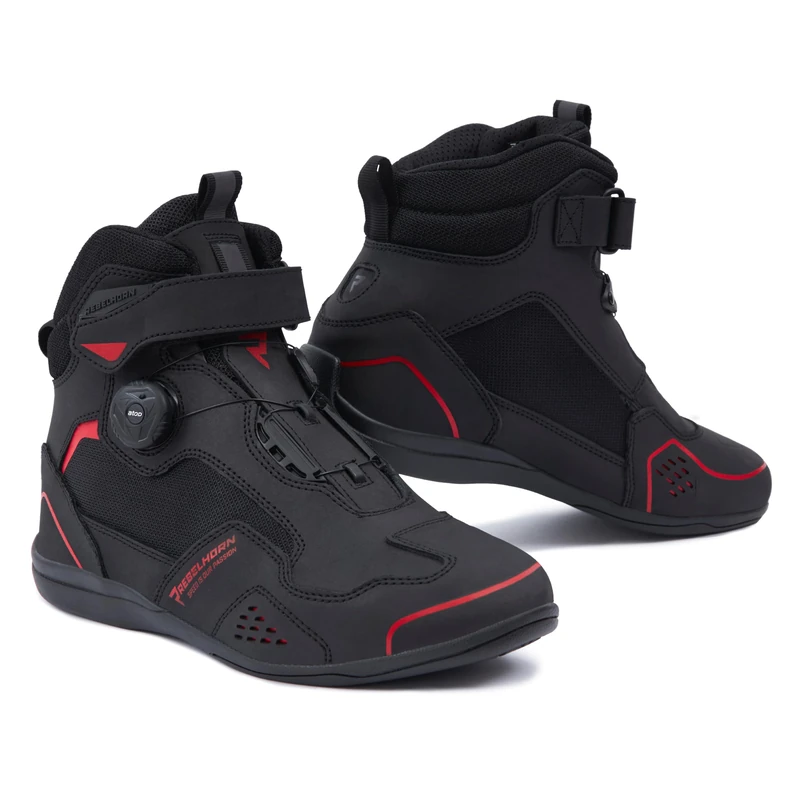 REBELHORN Spark II Motorcycle Boots for Men and Women, PU Leather, ATOP Quick Lacing System, Ankle Protectors, Reinforced Toes, Mesh Ventilation Panels, Sizes up to 48, black red, 8 UK