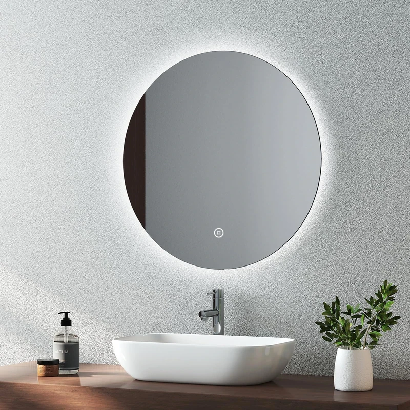 EMKE Round Bathroom Mirror with Led Lights, 500mm Wall Mounted Vanity Mirror with Touch, Demister and Memory Dimmable, Illuminated Bathroom Mirror with Cool White Light