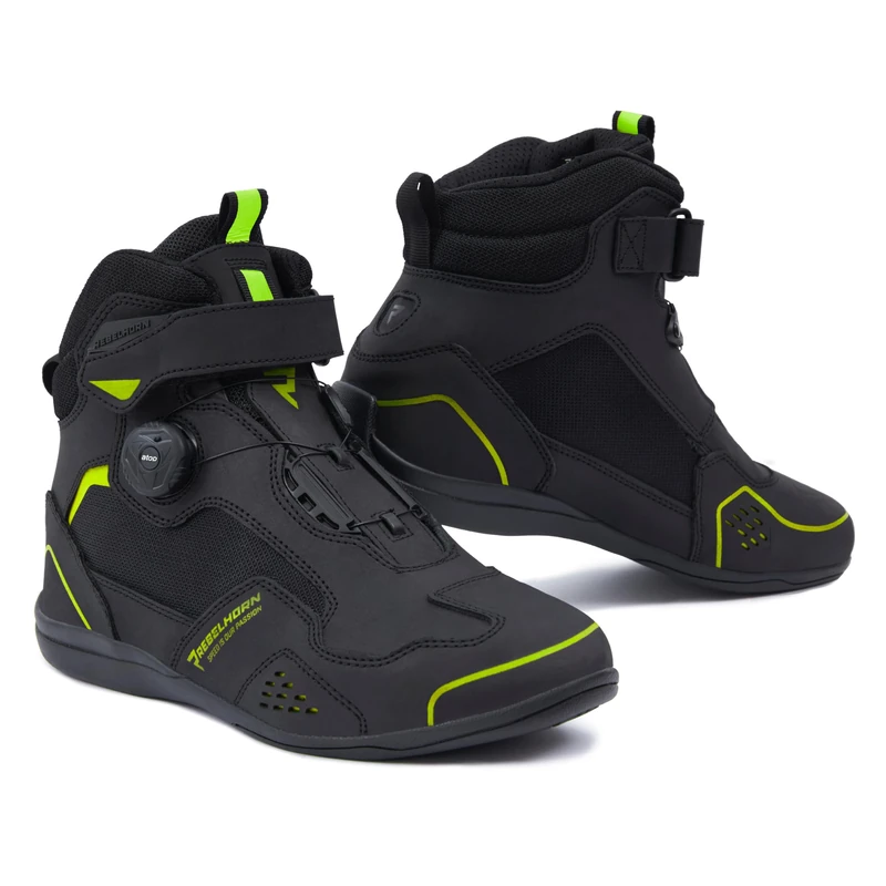 REBELHORN Spark II Motorcycle Boots for Men and Women, PU Leather, ATOP Quick Lacing System, Ankle Protectors, Reinforced Toes, Mesh Ventilation Panels, Sizes up to 48, Black fluo yellow, 12 UK