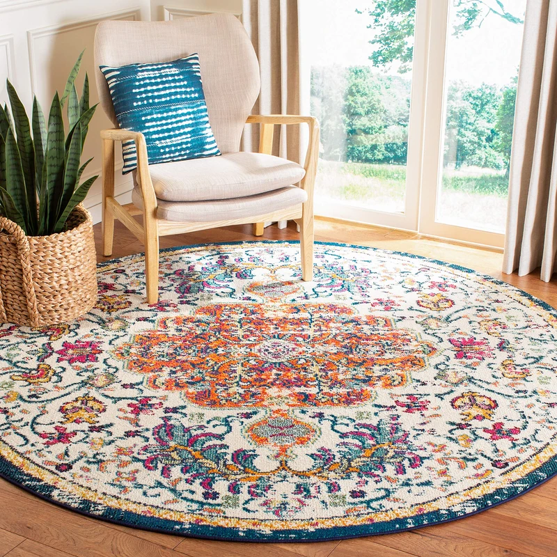 Safavieh Modern Chic Rug for Living Room Dining Room Bedroom - Madison Collection Short Pile Ivory and Orange 122 x 122 cm