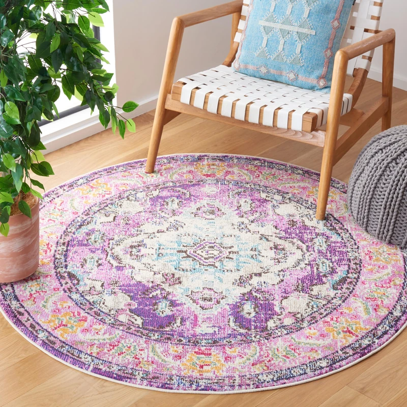 Safavieh Boho Chic Rug for Living Room, Dining Room, Bedroom - Monaco Collection, Short Pile, Purple and Light Blue, 122 x 122 cm
