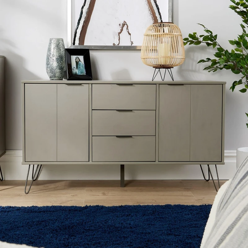 Home Source Acadia Sideboard Cabinet Industrial Cupboard Storage Furniture Drawers and Doors, Grey