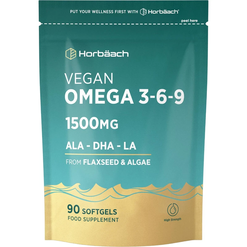 Vegan Omega 3 6 9 Capsules | 1500mg | 90 Softgels | High Strength Oil from Flaxseed and Algae | ALA DHA and LA | by Horbaach