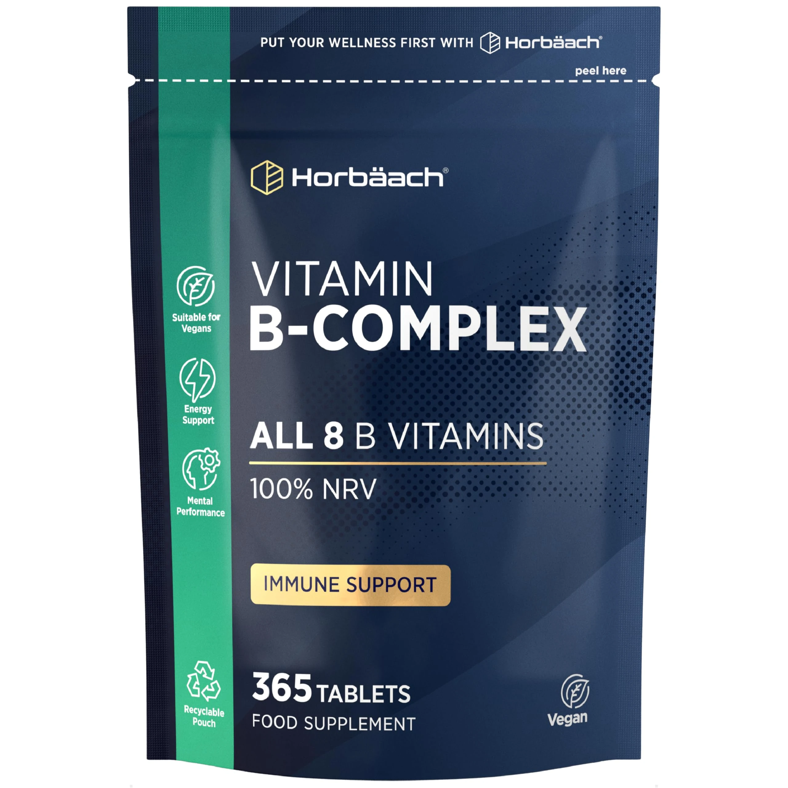Vitamin B Complex High Strength | 365 Tablets (1 Year Supply) | All 9 B Vitamins | Vitamin B1, B2, B3, B5, B6, B12, Choline, Folic Acid & Biotin | Vegan | by Horbaach