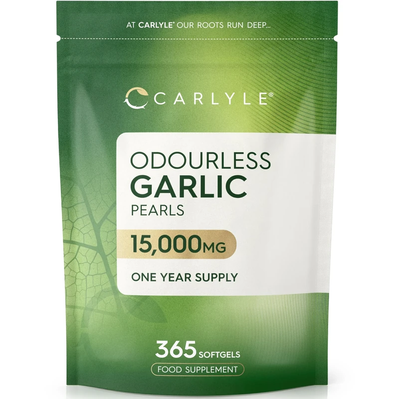 Odourless Garlic Capsules 15,000mg | 365 Count (1 Year Supply) | High Strength Garlic Oil Pearls with Allicin | by Carlyle