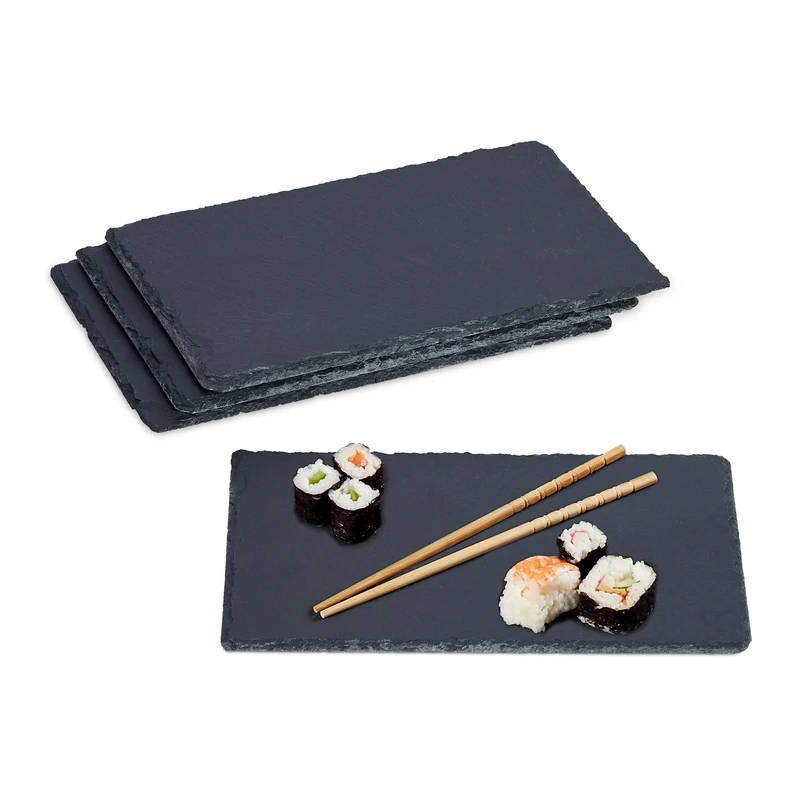Relaxdays Set of 4 Slate Platter, Rectangular Serving Plate, 26 x 16 cm, for Cheese, Sushi, Desserts, Buffet, Anthracite