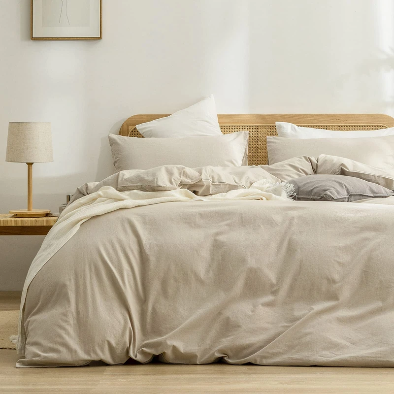 BESTOUCH Duvet Cover Set 100% Washed Cotton Linen Feeling Super Soft Comfortable Chic Lightweight 3 Pieces Home Bedding Set Solid Almond Milk Grey Super Queen
