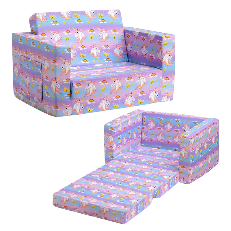 BEJOY Kids Sofa Bed 2-in-1 Flip Out Cuddly Toddler Couch Convertible Sofa to Lounger Children Sofa Bed Children's Day and Birthday Gift for Girls Boys, Lovely Unicorn