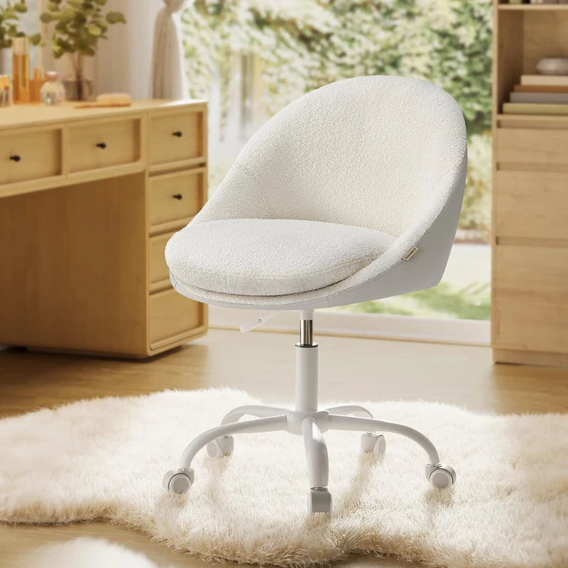 SONGMICS Office Chair, Swivel, Sherpa Fabric, Foam Padding, Adjustable Height, for Home Office, Study, Bedroom, Cream White OBG020W11