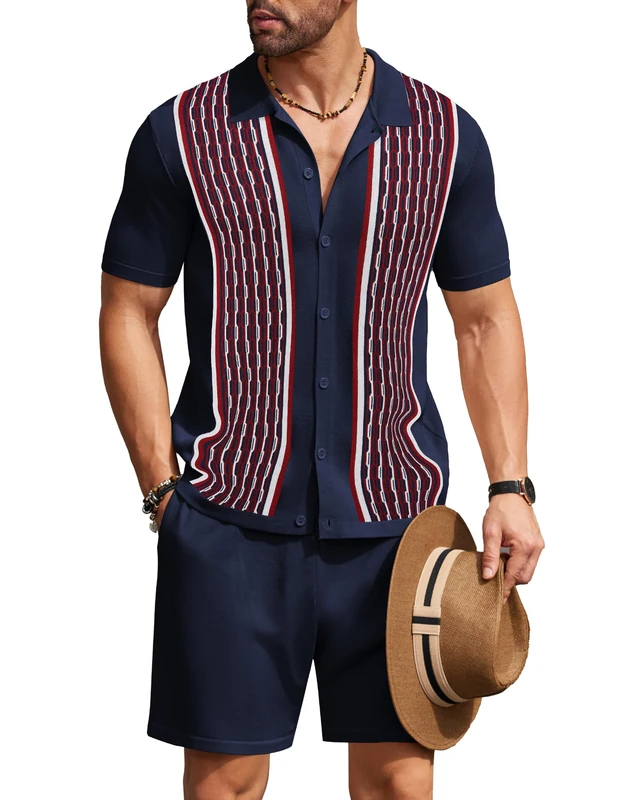 COOFANDY Men's 2 Piece Outfit Vintage Short Sleeve Button Down Knit Polo Shirts Casual Beach Shorts Sets, Navy Blue, X-Large