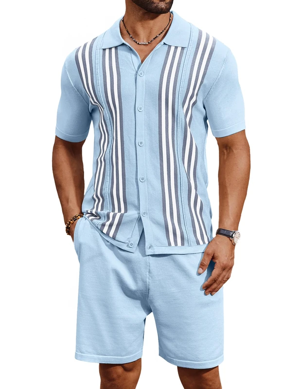 COOFANDY Men's 2 Piece Outfit Vintage Short Sleeve Button Down Knit Polo Shirts Casual Beach Shorts Sets, Blue, Large