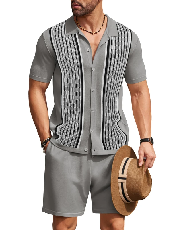 COOFANDY Men's 2 Piece Outfit Vintage Short Sleeve Button Down Knit Polo Shirts Casual Beach Shorts Sets, Grey, Large