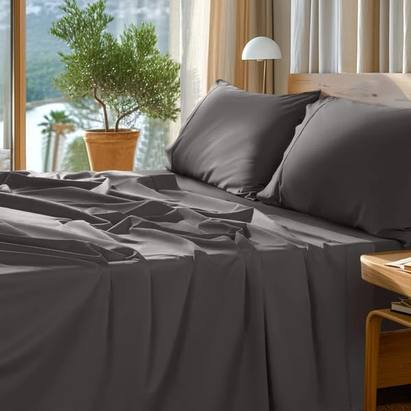 WIAONE SONORO KATE 100% Egyptian Cotton Sheets Set - 1000 High Thread Count, Luxury 5-Star Hotel Sateen Bed Sheets, Soft, Breathable Long Staple Sheets, Fit up to 16" - 4 PC (Dark Grey,Queen)