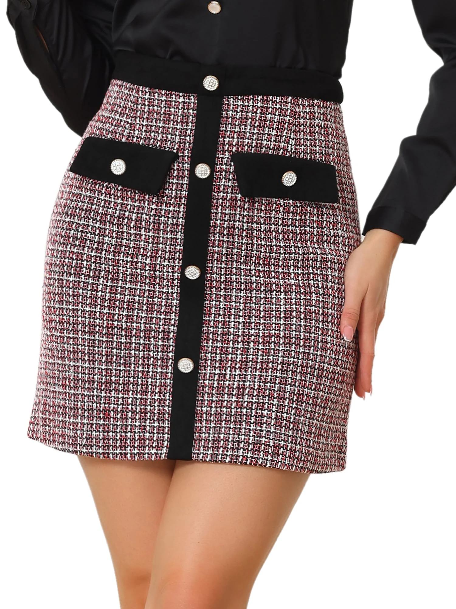 Allegra K Women's Tweed Plaid High Waist Button Decor Bodycon Elegant Office Mini Skirt, Red, XS