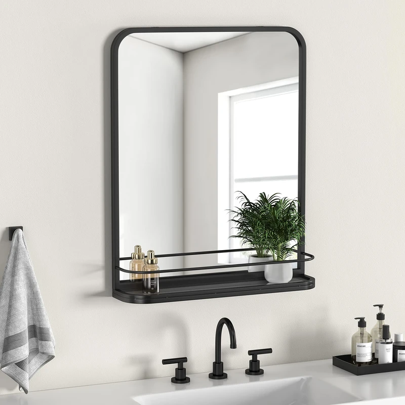 MYTHFUL Black Metal Framed Bathroom Mirror with Shelf 26.8x21.3 Inch Farmhouse Wall Mounted Vanity Mirror Modern Rectangle Matte Mirror for Bathroom Wall Anti-Rust