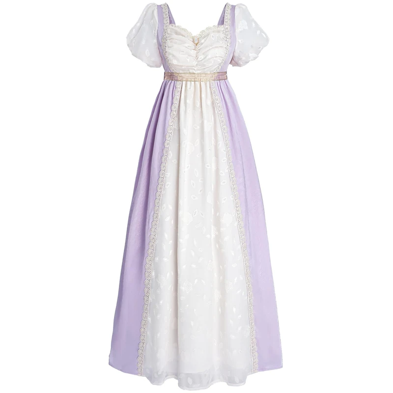 FCCAM Regency Dresses for Women Floral 1800s Regency Era Dress Empire Waist Regency Ball Gown, Light Purple, M - Image 1