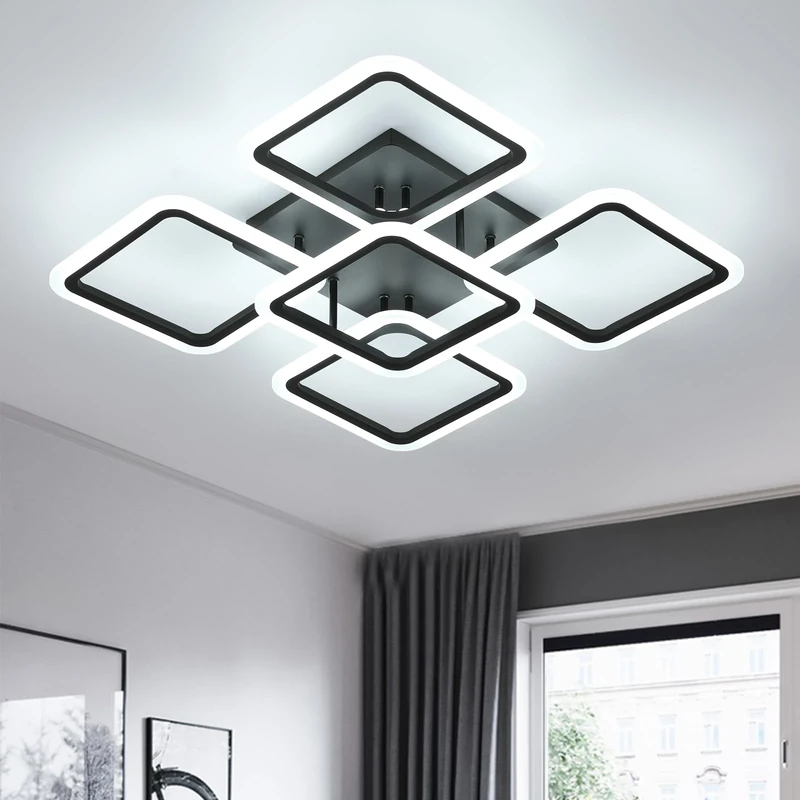 Comely LED Ceiling Lights, 61W 7000LM Black Ceiling Lamp LED Modern, 5 Square Chandeliers 6500K Lighting Fixture for Living Room, Kitchen, Hallway, Dining Room, Bedroom