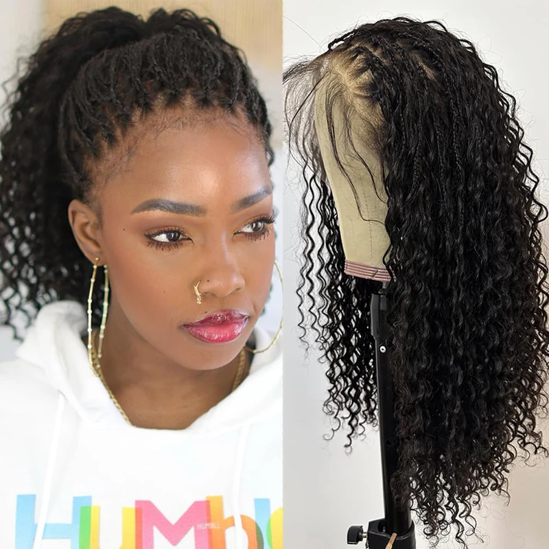 FlowerSeason Boho Box Braids Wig HD Full Lace Braided Wig Human Hair Square Parted Knotless Pre Pluched With Baby Hair Braided Wigs for Black Women(18 inch)