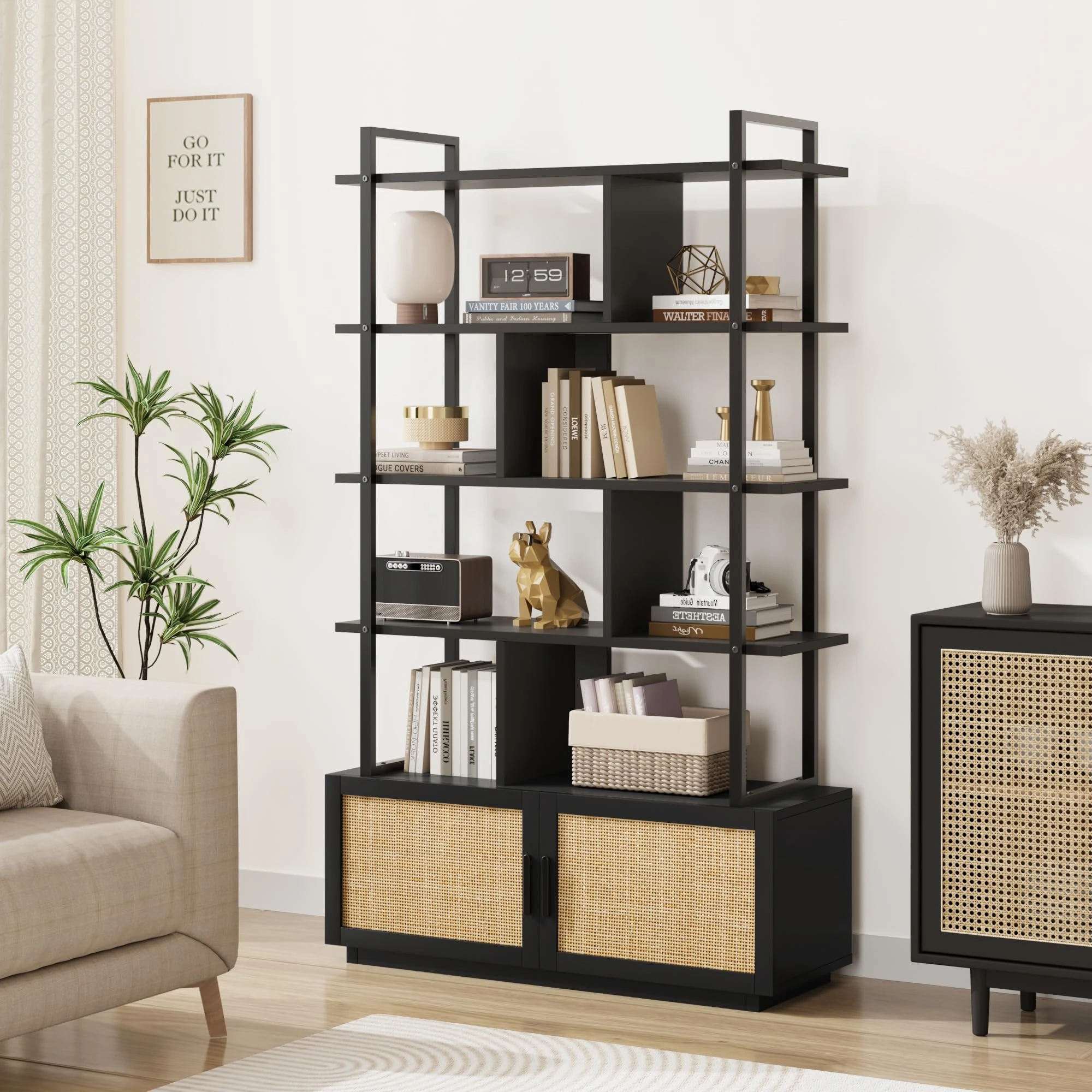 GAOMON 5 Tier Rattan Bookshelf with Storage Cabinet & Door, 71.1 Inch Tall Industrial Book Shelf with Open Display Shelves, 5 Shelf Bookcase with Metal Frame for Living Room, Bedroom -Black, FC003