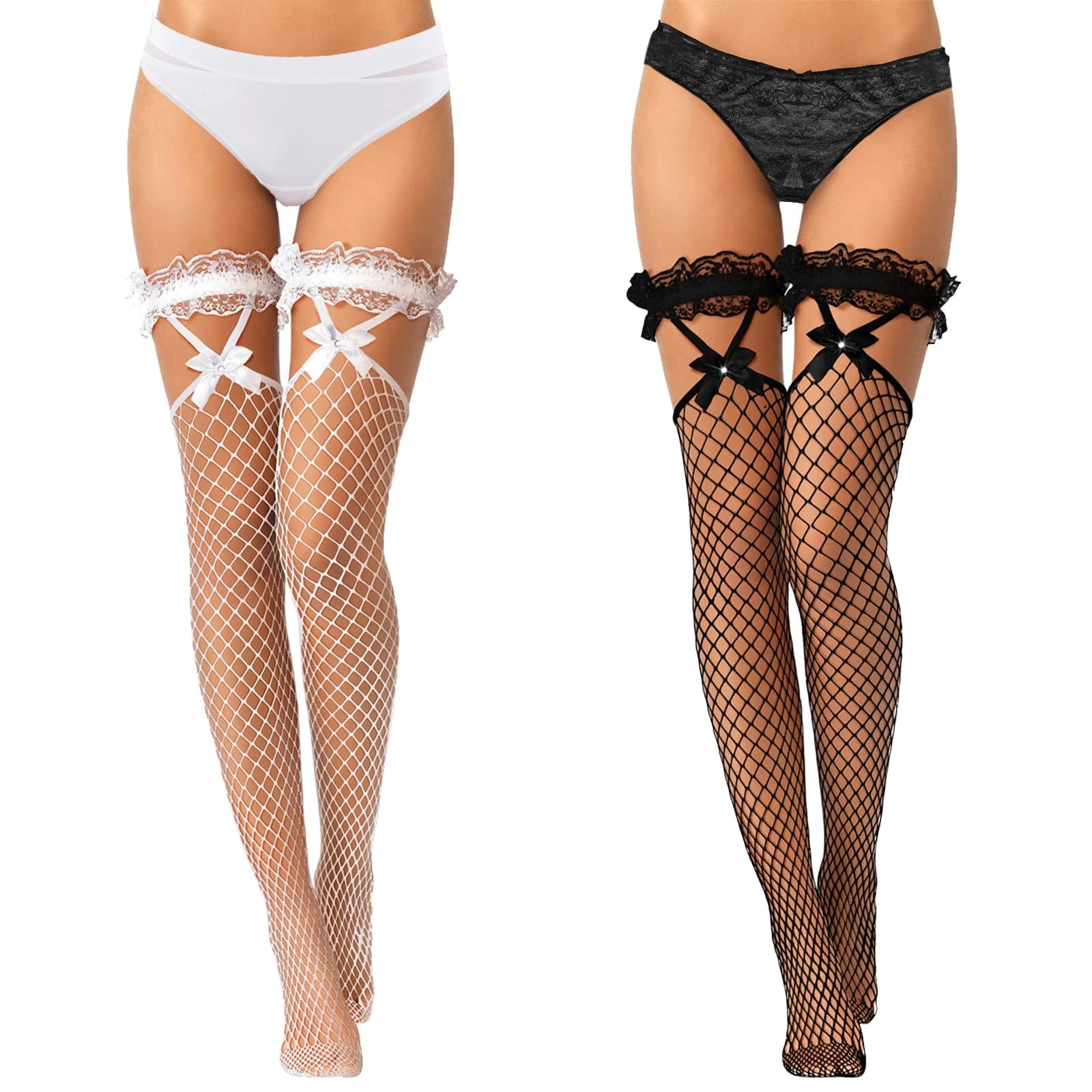 GROVL 2 Pairs of Lace Tops Fishnet Stockings Bow Suspenders Thigh High Breathable Stockings Mesh Elastic Lift Women's Stockings