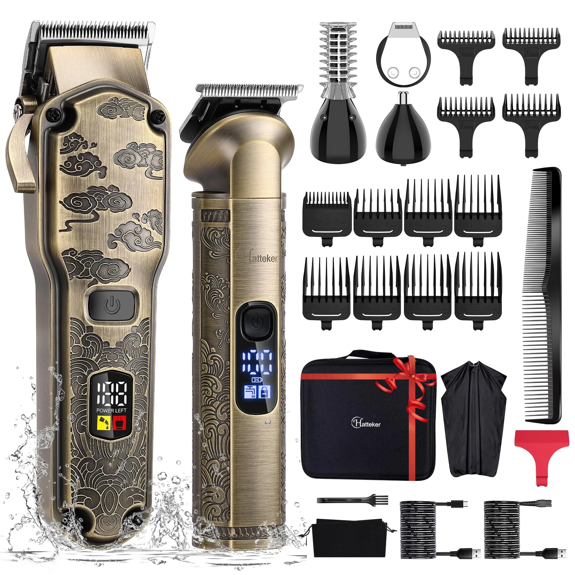 Hatteker Professional Hair Clippers for Men Beard Trimmer Clippers and Trimmer Set Waterproof T-Blade Trimmer Cordless Grooming Kit Nose Body Hair Trimmer Barber Clippers Hair Cutting Kit