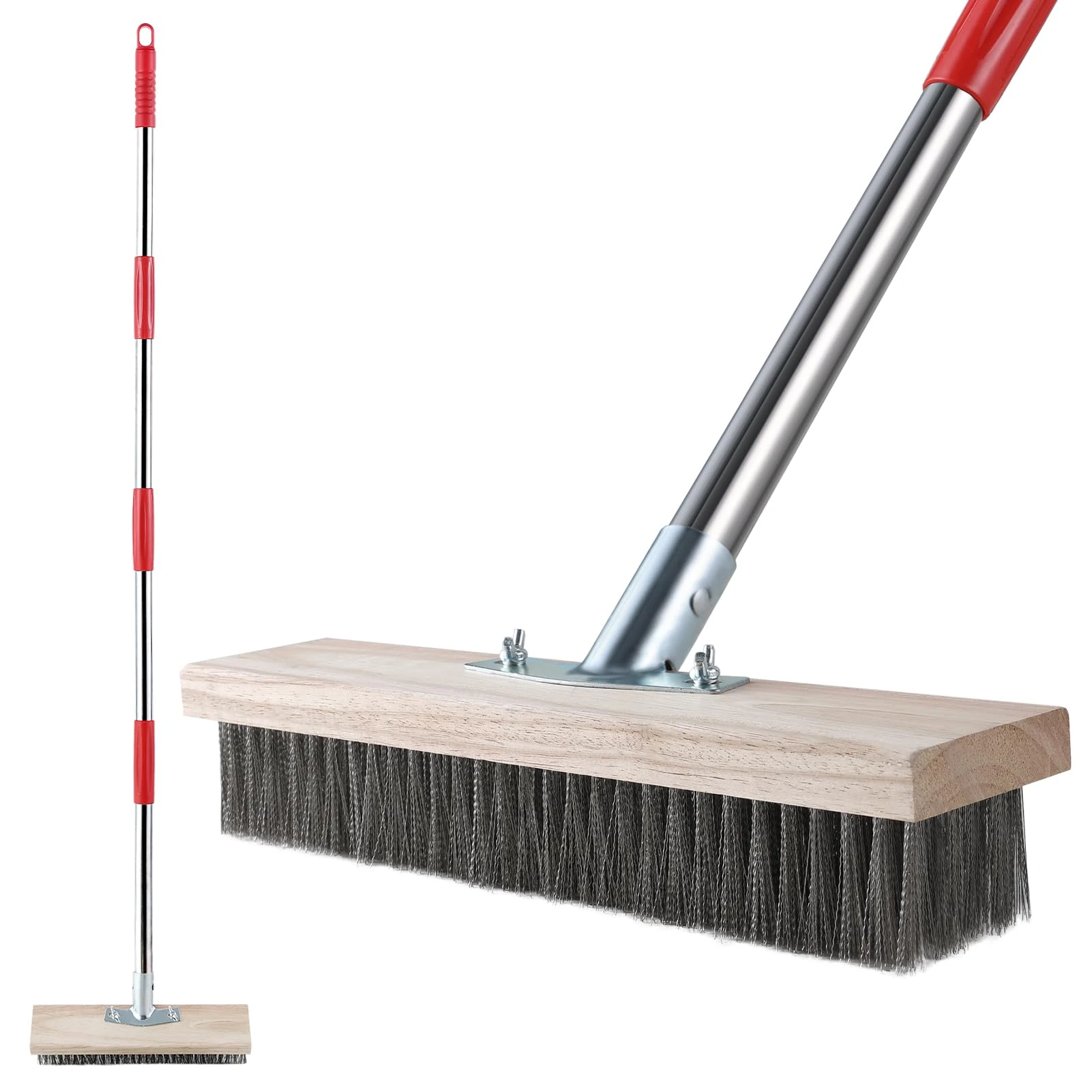 Mitclear Heavy Duty Wire Broom with Telescopic Handle(57IN), Stiff Metal Bristle Brush for Removing Weed Moss Algae, Outdoor Floor Scrub Brush for Patio, Deck, Garden