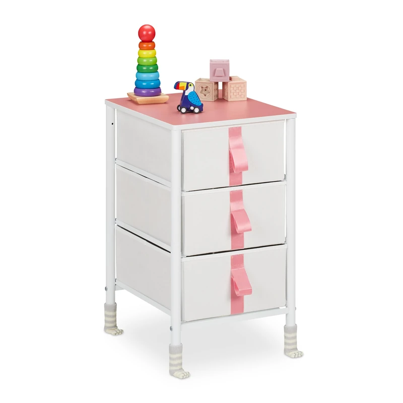 Relaxdays Chest, Children, HxWxD: 61.5 x 36 x 40.5 cm, 3, Metal, Drawer Cabinet, White/Pink, Steel