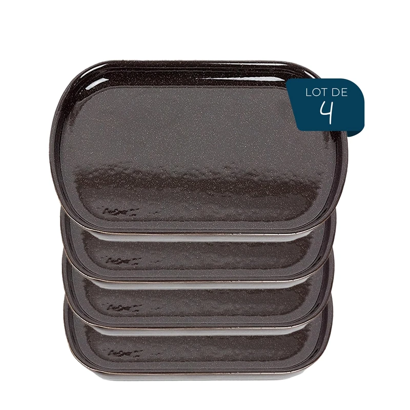 ESPRIT DE CUISINE - Set of 4 Oblongues Ceramic Plates - Elegant Design - Scratch Resistant - Strong and Durable - Easy to Clean - Made in France - 21cm - Mottled Brown