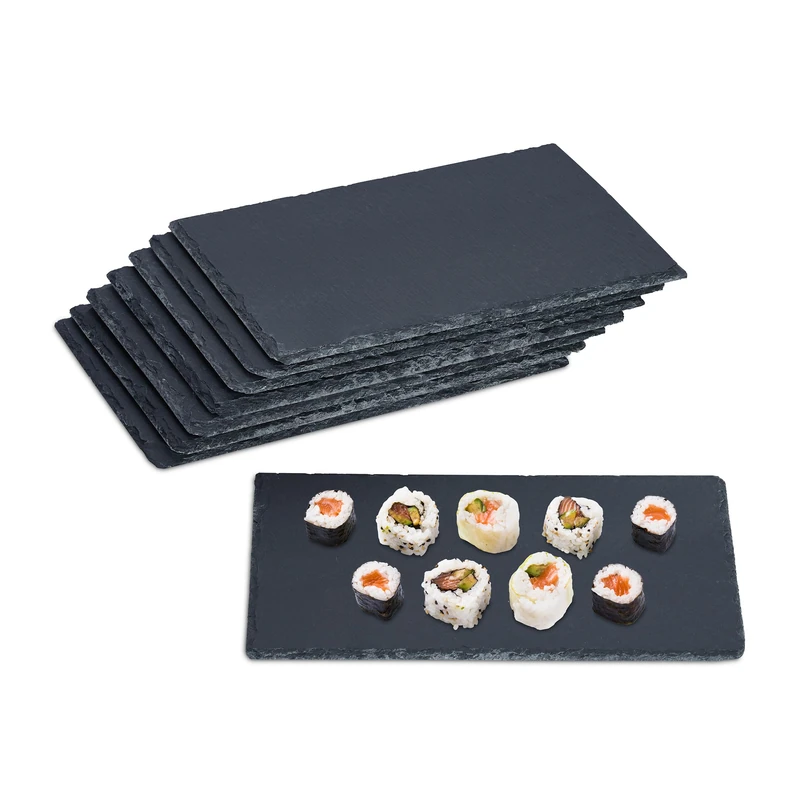 Relaxdays Set of 8 Slate Platter, Rectangular Serving Plate, 26 x 16 cm, for Cheese, Sushi, Desserts, Buffet, Anthracite - Image 1