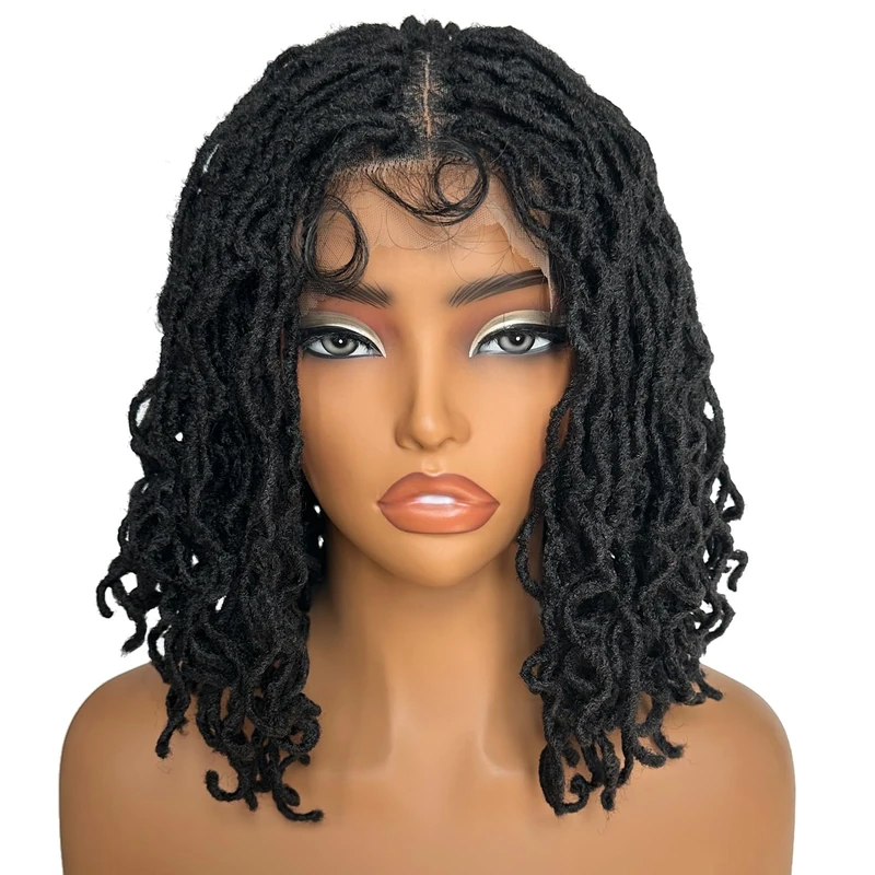 SOKU Short Curly Faux Locs Lace Frontal Wig 16 Inch Natural Black 4x4 Large Parting Space Twist Dreadlock Wigs for Balck Women Afro Curly Braided Synthetic Wig - Image 1