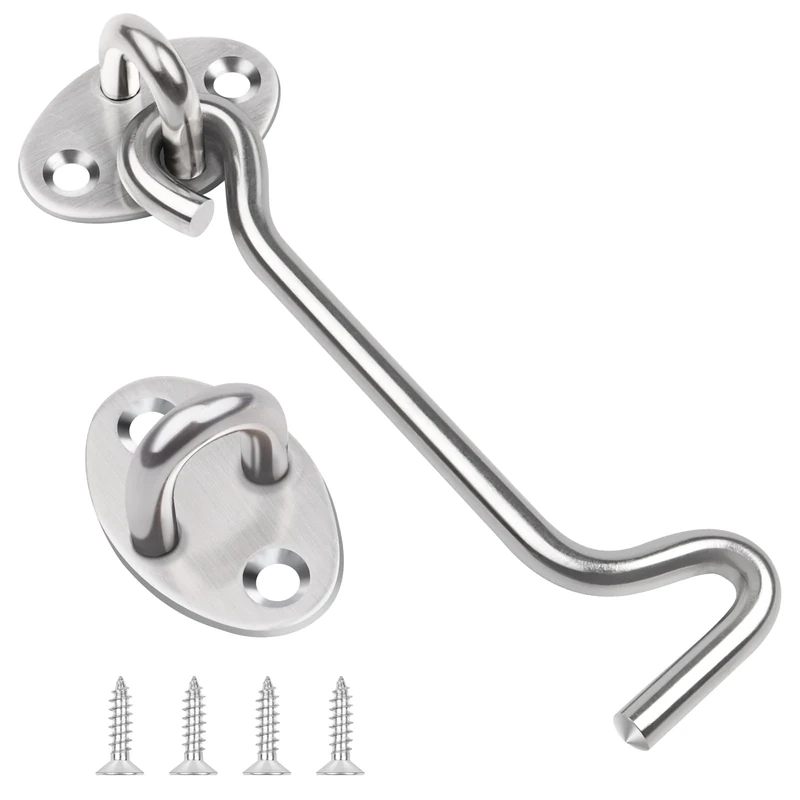 4 Inch Hook and Eye Latch, Leryati 1Pcs 100mm Silver Gate Hook Stainless Steel Cabin Hooks, Eye Latch Door Lock Hooks Lock, Apply to Wooden Gates, Window Brace Gate Door Catch