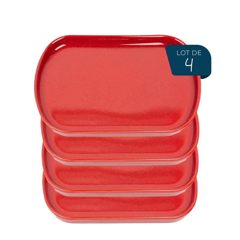 ESPRIT DE CUISINE - Set of 4 Oblongues Ceramic Plates - Elegant Design - Scratch Resistant - Strong and Durable - Easy to Clean - Made in France - 21 cm - Mottled Red