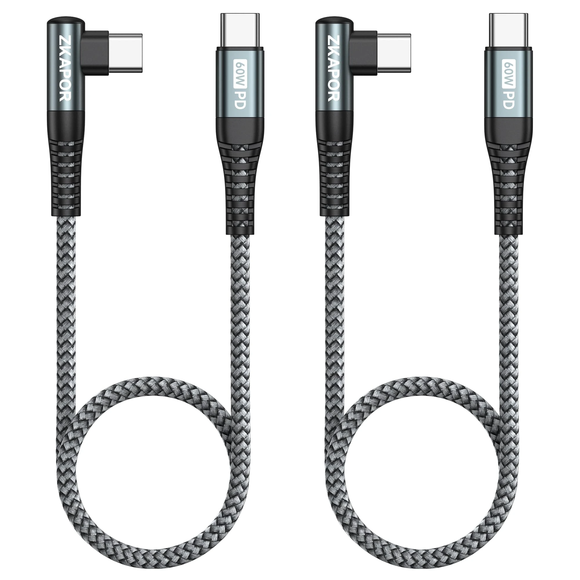 ZKAPOR USB C to USB C Cable Short [2Pack 30CM], 60W PD Type C to Type C Cable Right Angle Type C Charger Lead Fast Charging for iPhone 15/15 Pro Max, Samsung S23, Pad Pro, Air, Huawei/Mate, Pixel