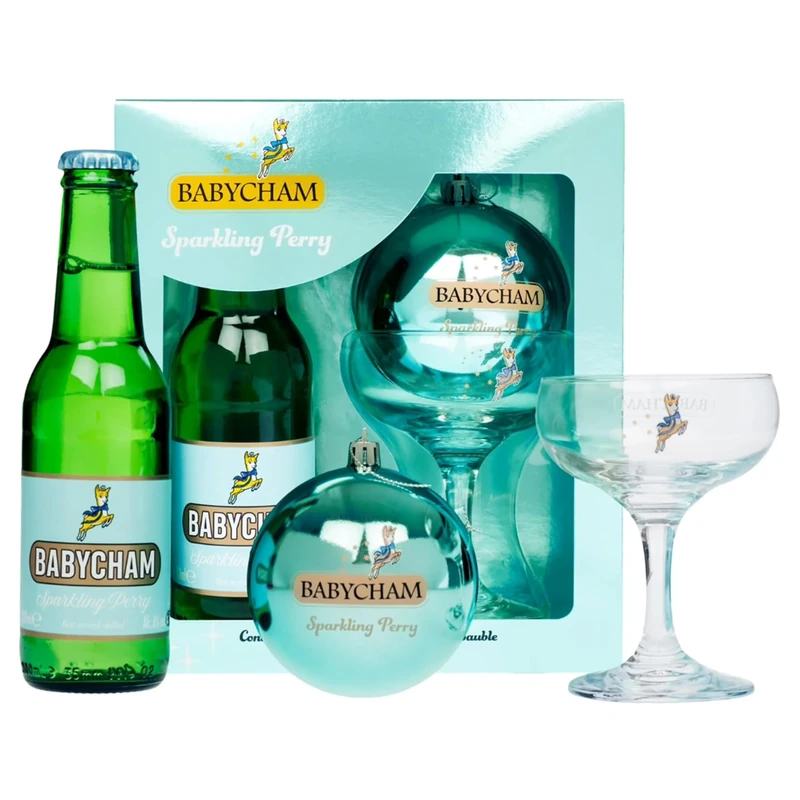 Babycham Sparkling Wine Gift Set - Babycham White Wine Perry 20cl, Branded Coupe Glass & Glittering Bauble for your Christmas Tree! Womens Christmas Gifts for Stocking Fillers, Birthday Gifts for Mum