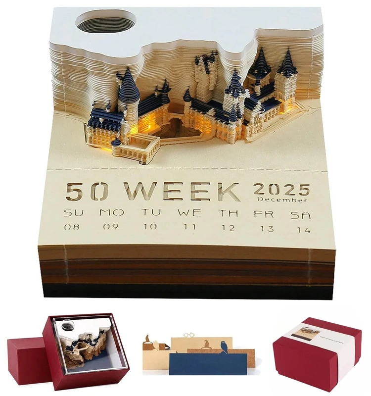Time Piece Calendar 2024,Desk Calendar With Lights 3D Calendar 2024 Memo Pad Carving Art Notepad DIY Sticky Post Craft with Timepiece Calendar (Castle)