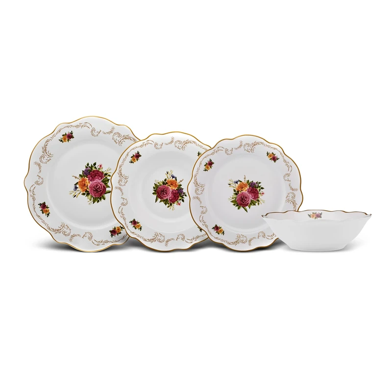 Karaca Antique Plates and Bowls Set for 6 People, White Dinner Set, Complete Kitchen Tableware Collection, Colourful Flower Design, Bone China, 24 Piece