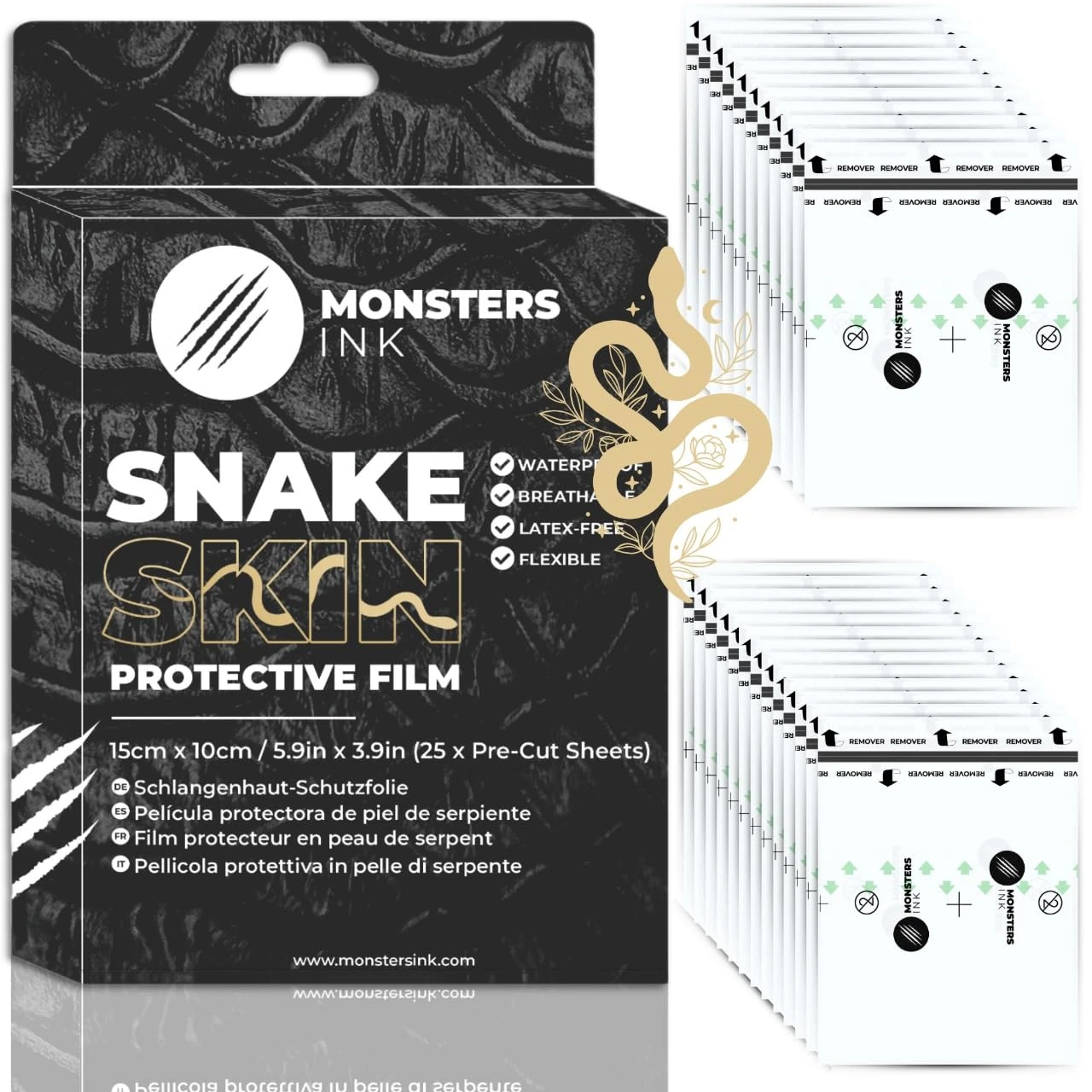 Monsters Ink Matte Second Skin Tattoo Cover Aftercare Bandage, Tattoo Wrap Film, Protection Film & Waterproof Dressings (15cm x 10cm (25 Sheets))