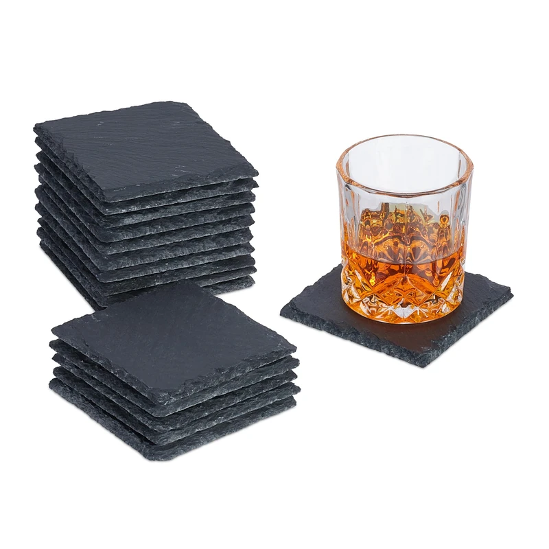 Relaxdays Set of 16 Slate Coaster, Rectangular Trivet, Glass, 10 x 10 cm, for Raclette, Small Snack & Drinks, Anthracite