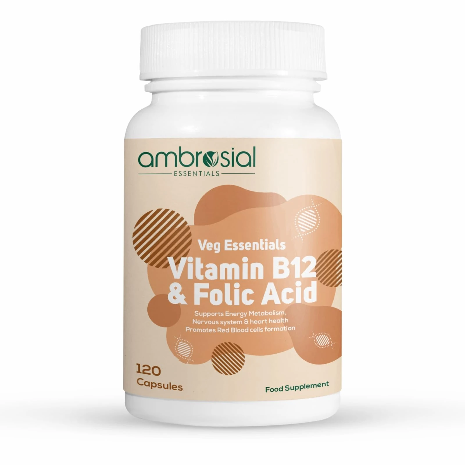 Ambrosial Vitamin B12 1000 mcg (Cyanocobalamin) & Folic Acid Tablets 500 mcg – Dual Formula in One Capsule – B12 Supplement for Women & Men –Vegan, GMP Certified – 120 Capsules (4 Months Supply)