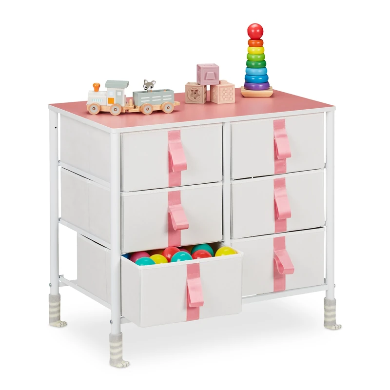 Relaxdays Chest, Children, HxWxD: 61.5 x 68 x 40.5 cm, 6, Metal, Drawer Cabinet, White/Pink, Steel
