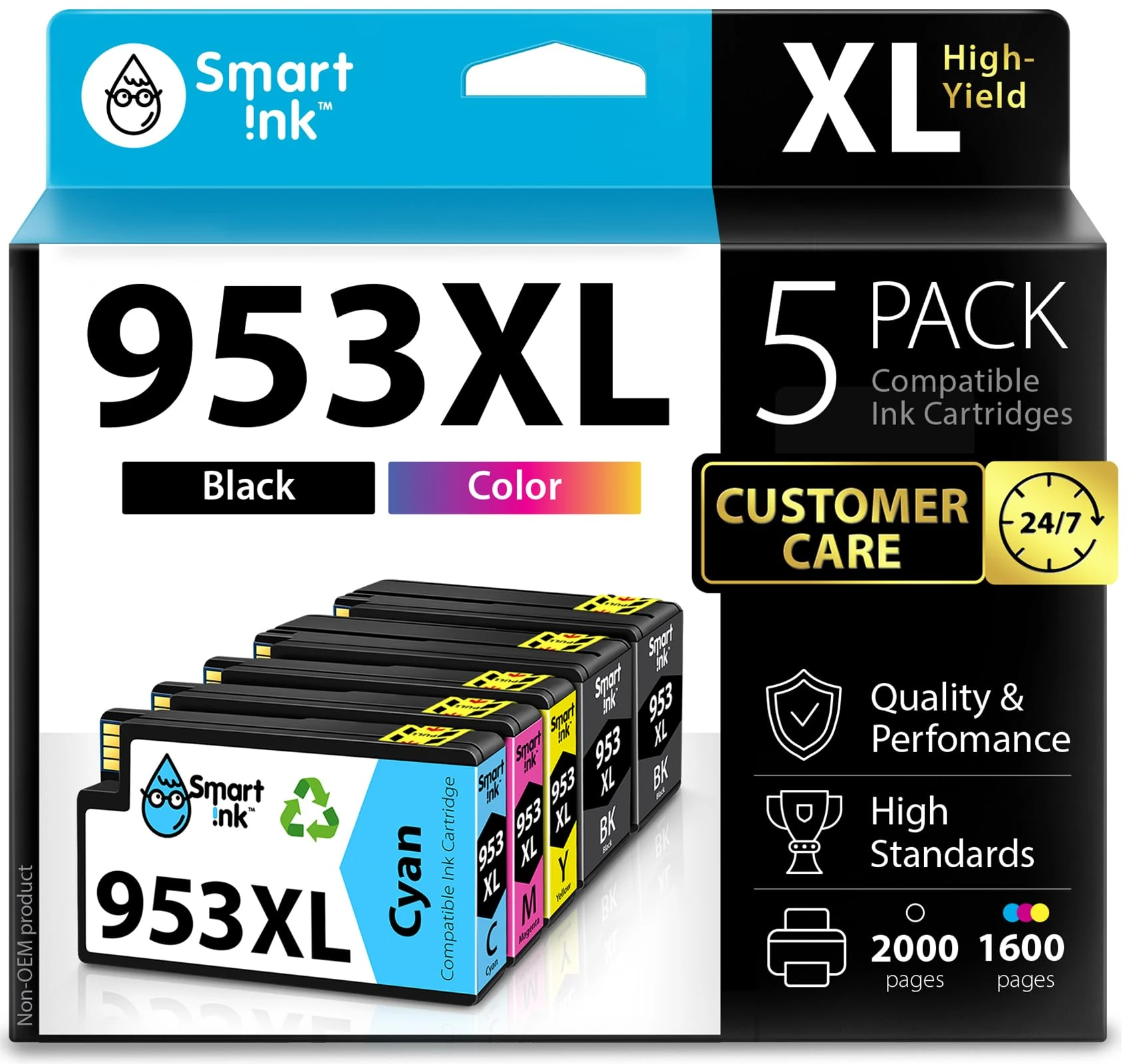 Smart Ink Compatible Ink Cartridges Replacement for HP 953XL 953 XL 5 Multipack (2 Black XL & C/M/Y) with Advanced Chip Technology use with HP Officejet pro 7720 7730 7740 8710 8715 8720 8725 Printer