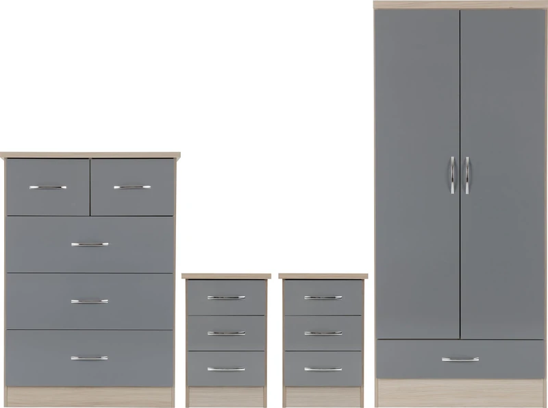Seconique Nevada 2 Door 1 Drawer Wardrobe Bedroom Set in Grey Gloss/Light Oak Effect Veneer