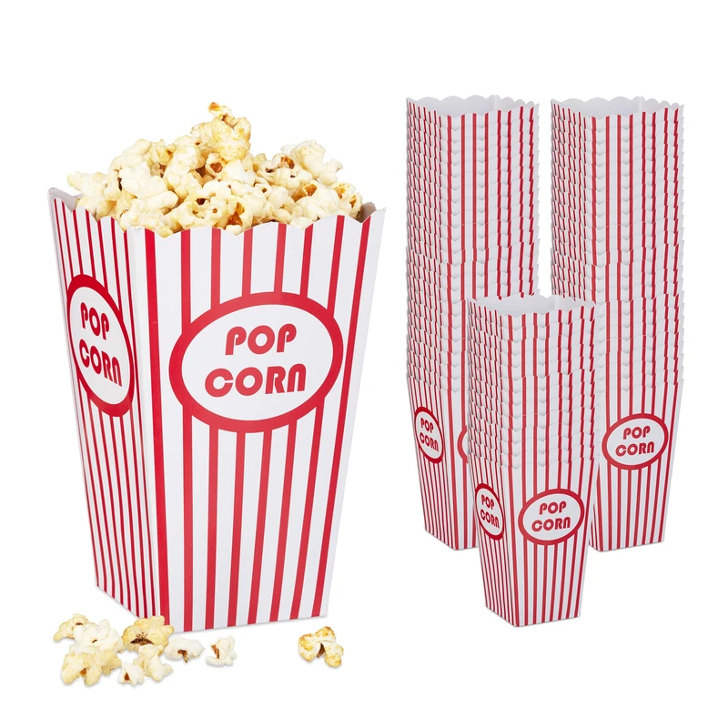 Relaxdays Popcorn Bags, Set of 60, Striped, Retro Look, Cinema, Movie Night Accessory, Cardboard, Container, Red/White, 16 x 10.5 x 10.5 cm